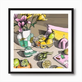 Lemons And Lilies Still Life Art Print