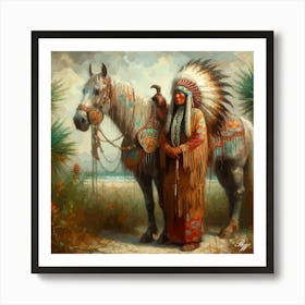 Elderly Native American Woman With Horse 2 Art Print