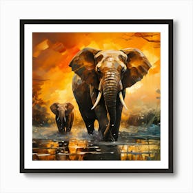 Majestic Elephant Family Wall Art - African Wildlife Painting in Warm Sunset Tones | Modern Safari Decor Art Print