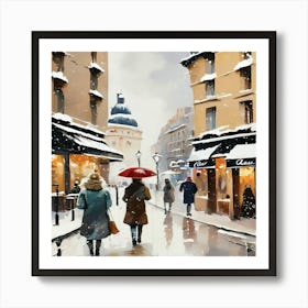 Paris cafes, winter season, Christmas, pale colors, pedestrians in the street, winter clothes, falling snow.7 Art Print