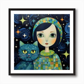 Blue Girl With Cat Art Print