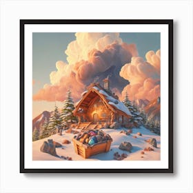 Mountain village snow wooden huts 1 Art Print