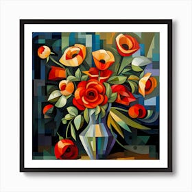 Poppies and Roses in a cubism style Art Print