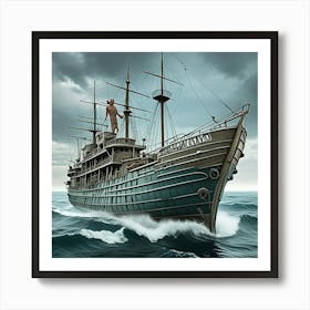 Steampunk Ship In Storm Cubism Style Art Print