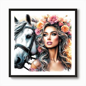 Beauty With Flower Hair Decoration By A Horse Color Drawing Art Print