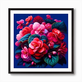 "Midnight Bloom"  A vibrant burst of crimson and pink camellias comes to life against an enigmatic midnight blue background, their petals and leaves rendered with hyper-realistic detail that captures the essence of nature's perfection.  This piece offers a visual feast of color and contrast, where the timeless beauty of blooming camellias symbolizes both passion and gentleness, an ideal accent to elevate the energy and aesthetic of any living space. Art Print