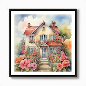 Watercolor House With Flowers Art Print 0 Art Print