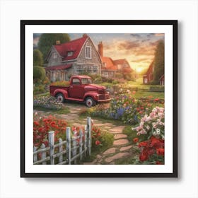 Country Cottage Sunrise Fence Abundant Flower Gardens Stone Pathway Red Farm Truck Ultra Hd Art Print