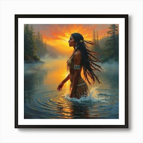 Native American Female By A Lake Panel 1 Oil On Canvas Art Print