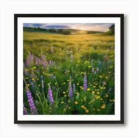 Wildflowers At Sunset, Landscape Of A Meadow With Wildflowers In Bloom art print 2 Art Print