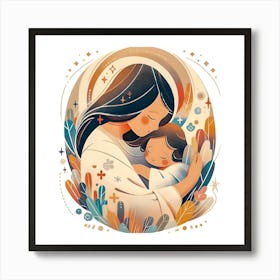 Mother and Child Digital Art Print – Whimsical Religious Illustration for Home Decor Art Print