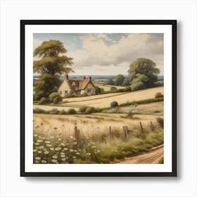 English countryside cottage fields Art Print