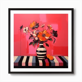 Stylised Bouquet of Flowers in a Striped Vase Art Print