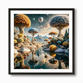 A fantasy landscape with colorful mushroom-like trees. Art Print