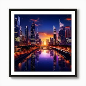 Modern Cityscape At Twilight Towering Skyscrapers Bathed In Amber Hues Reflective Windows Capturin Art Print