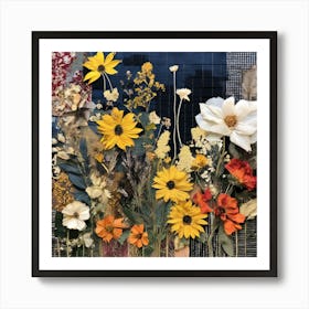 Collaged Flowers, Eclectic collage with vibrant dried flowers and textured backgrounds of fabric swatches, handwritten notes, and sheet music Art Print