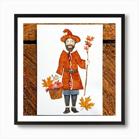 A Seasonal Autumn Greeting Card Joyfully Featuring A Cheerful Pilgrim Adorned In The Traditional Br (2) Art Print