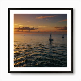 A Vibrant Sunset Over A Calm Ocean With Sailboats On The Horizon Art Print