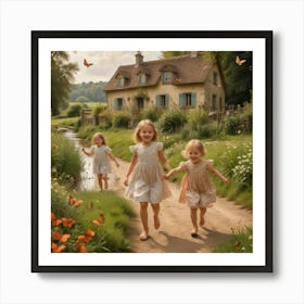 Three Girls Running Down A Country Road Art Print