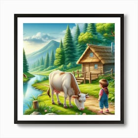 Little Girl And Cows In The Countryside Art Print