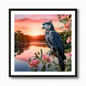 Sunset Tropical Cockatoo Sitting In The Olive Grren Tree Art Print