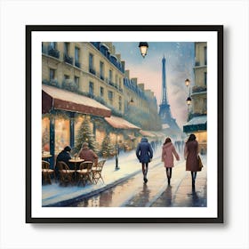 Paris cafes, winter season, Christmas, pale colors, pedestrians in the street, winter clothes, falling snow.6 2 Art Print