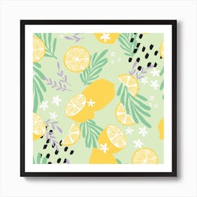 Lemon And Lemon Slices Pattern With Colorful Decoration Square Art Print