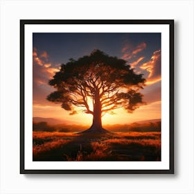 A Majestic Lone Tree Stands In An Open Field With The Setting Sun Casting Its Fiery Glow Art Print