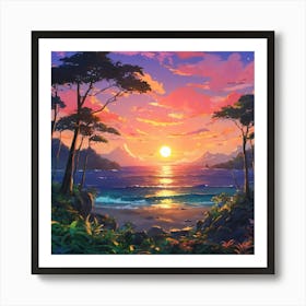 Tranquil Sunset Over Tropical Beach With Lush Vegetation and Calm Ocean Waves 1 Art Print