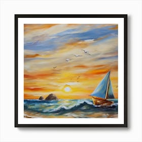 Oil painting design on canvas. Sandy beach rocks. Waves. Sailboat. Seagulls. The sun before sunset.11 Art Print