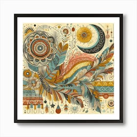 Bohemian Art.Boho art, moon and yellow squiggly line, American style. Art Print