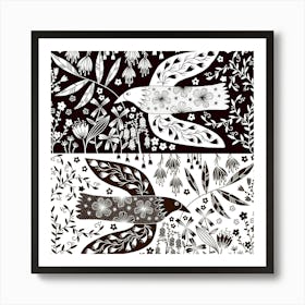 Peace Doves And Flowers Black and White Art Print