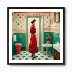 Frida Khalo In A Red Dress At The Bathroom Póster