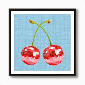 Retro Mirrorball Disco ball Cherries, 70s vibes, retro vibes cherries, Red Disco ball Art Print