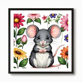 Cute Mouse With Flowers Art Print