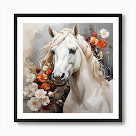 White Horse With Flowers Art Print