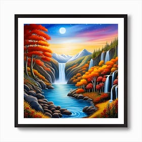 Autumn Landscape With Waterfall Art Print