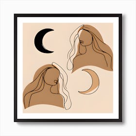 Moon Woman Lineart Collage Art Print