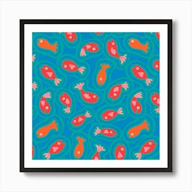 TEEMING Cute Swimming Fish Sea Ocean Creatures in Bright Blue Aqua Turquoise Red Orange Art Print