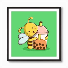 Cute Bee With Bubble Tea Cartoon Art Print