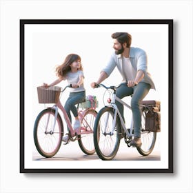 Father and Daughter Riding Bicycle Art Print