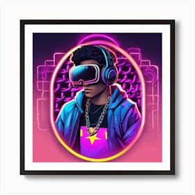 Neon Man With Headphones buzz Art Print