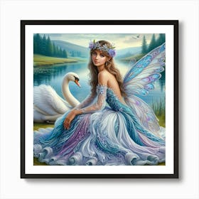 Fairy by the lake with a white swan  Art Print