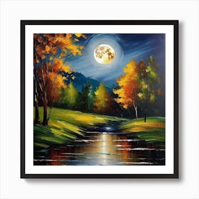 Full Moon Over A Stream Art Print