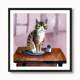 Cat On Table Art Print