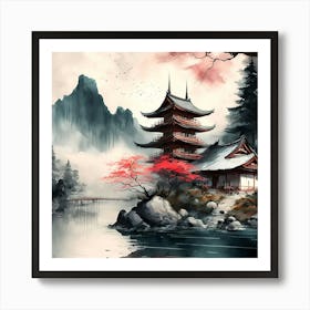 Temple Japan Nature Kyoto Landscape Mountain Japanese Lake Digital Art Painting Art Art Print