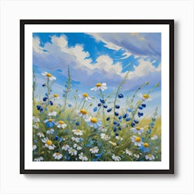 Beautiful Field Meadow Flowers Chamomile Blue Wild Peas In Morning Against Blue Sky With Clouds Nature Landscape Close Up Macro Wide Format Copy Space Delightful Pastoral Airy Artistic Image 2 Art Print
