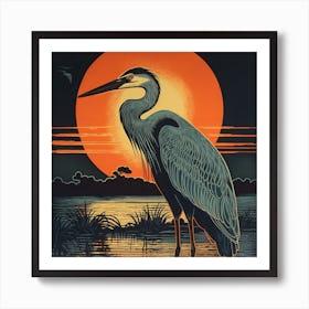 Retro Bird Lithograph Great Blue Heron 2 Art Print