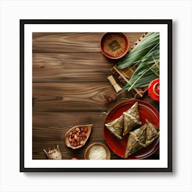 Dragon Boat Festival Wooden Table From Above 3 4 Art Print