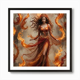 elegant fire woman stands draped in layers of ethereal tulle that swirl around her like living flames.  Art Print